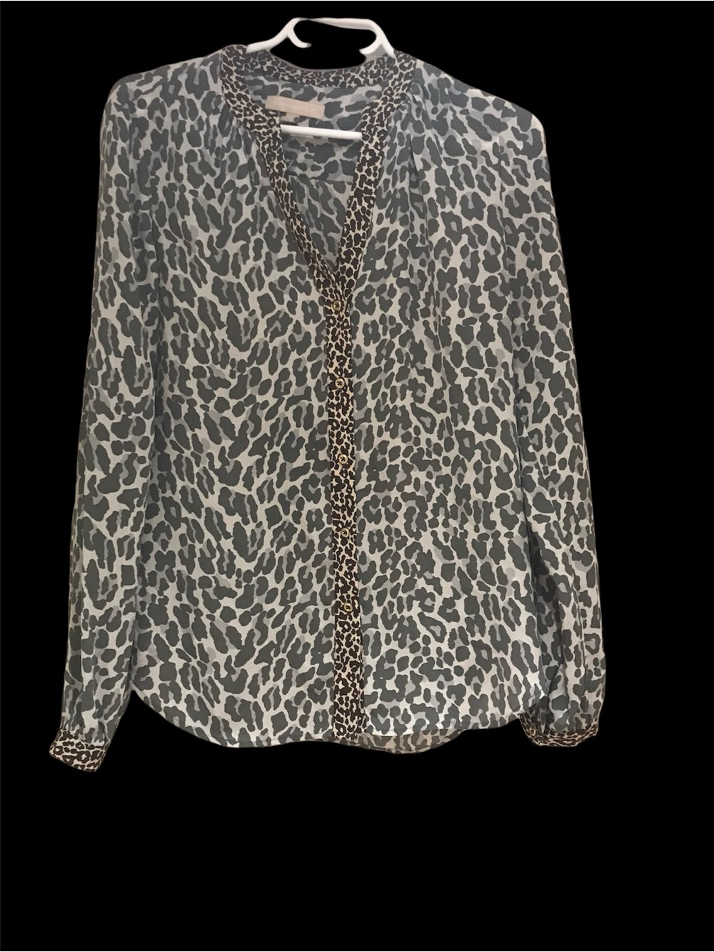 Banana Republic Grey Leopard-Print V-Neck Blouse with Brown Trim